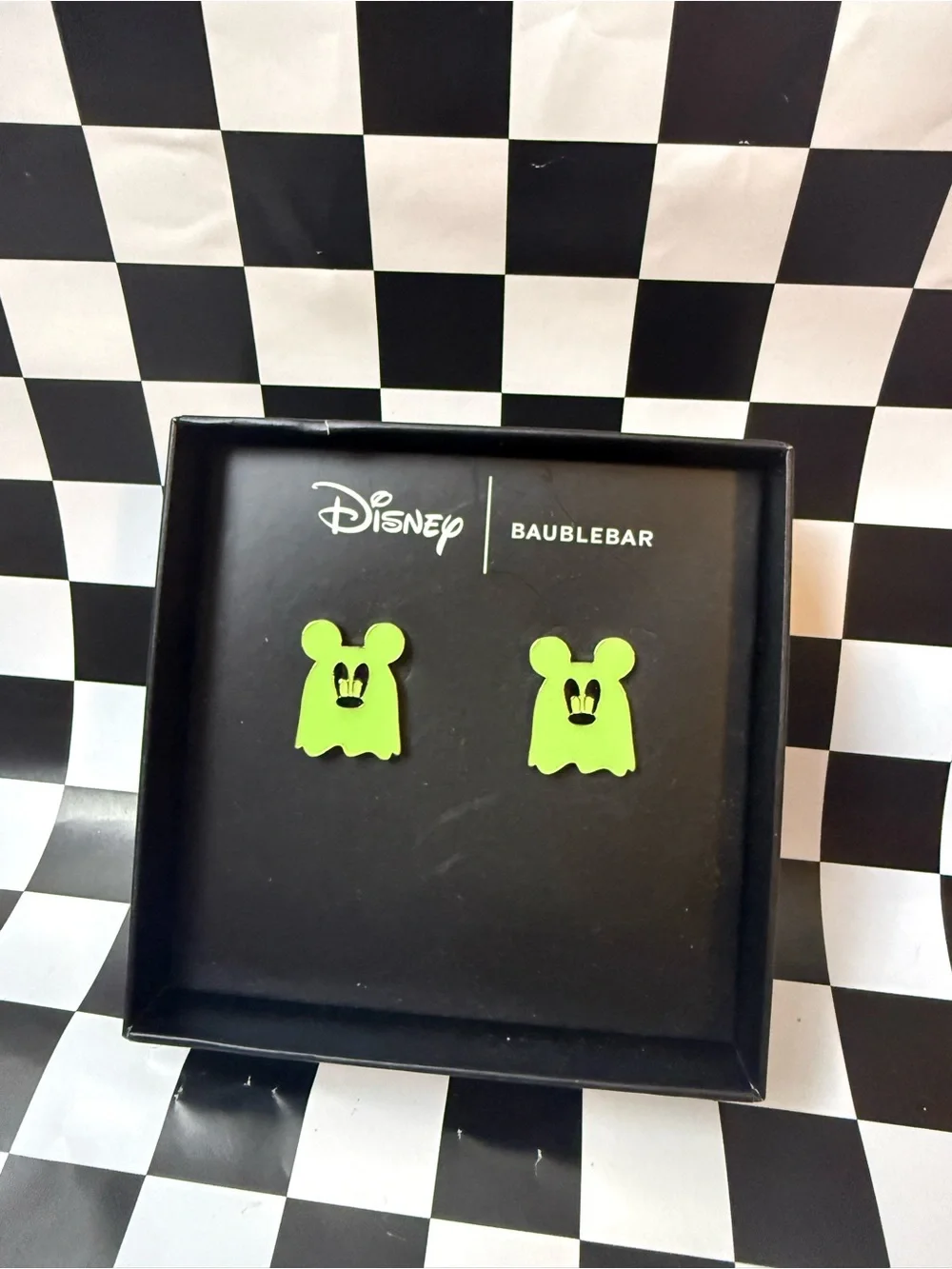 BaubleBar Disney Neon Green Ghost Mickey Stud Earrings